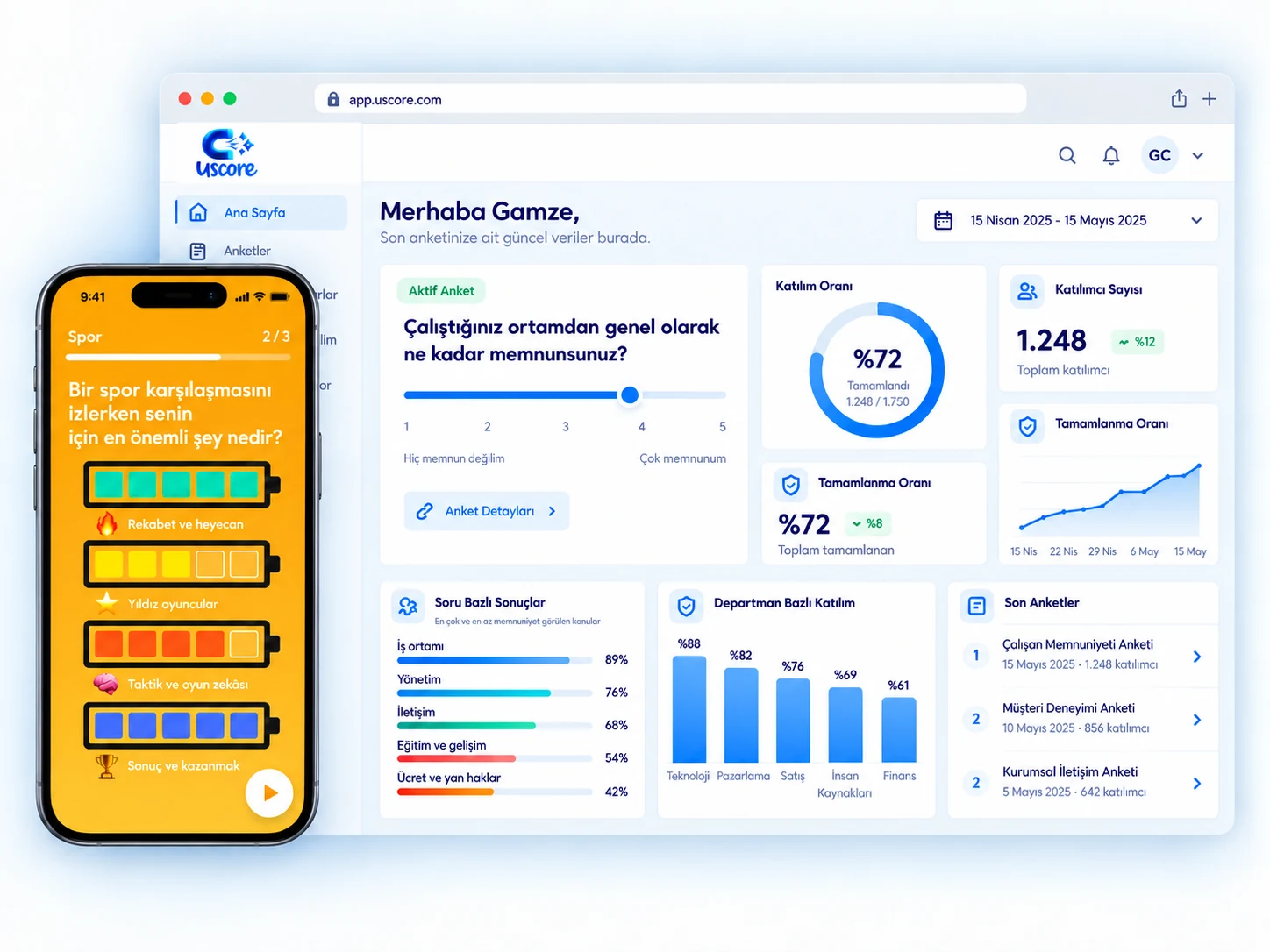 Uscore yönetim paneli: katılım ve tamamlanma oranları, soru ve departman bazlı sonuçlar; yanında mobil uygulamada pil tipi bir soru